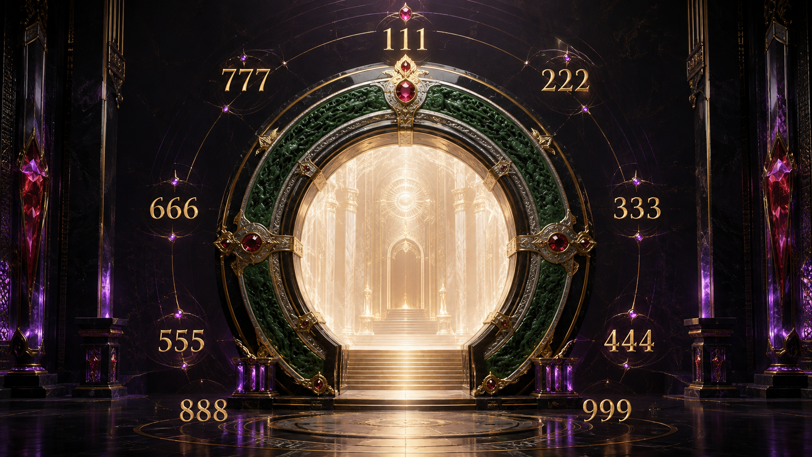 A regal circular wealth and stewardship portal surrounded by 111, 222, 333, 444, 555, 666, 777, 888 and 999